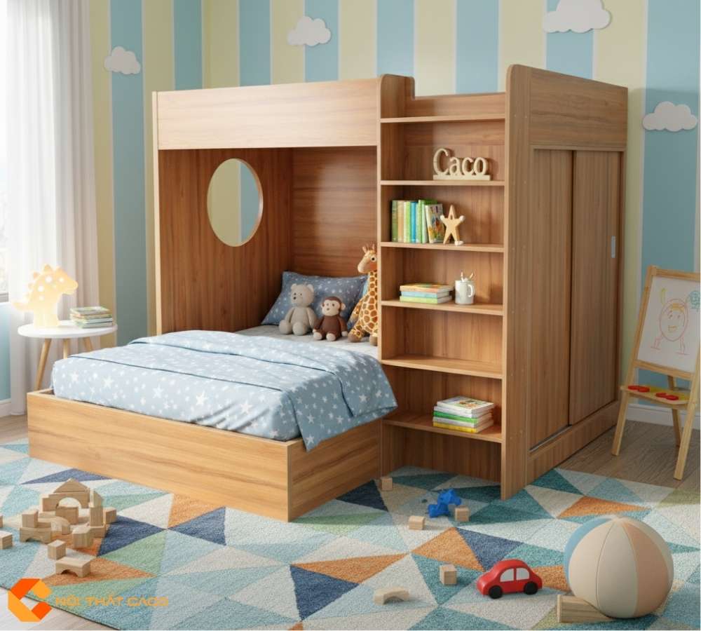 Giường Tầng Gỗ MDF Cao Cấp Màu Xoan Đào Hiện Đại, Thanh Lịch 